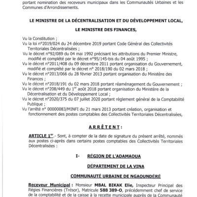 Arrêté conjoint MINDDEVEL/MINFI