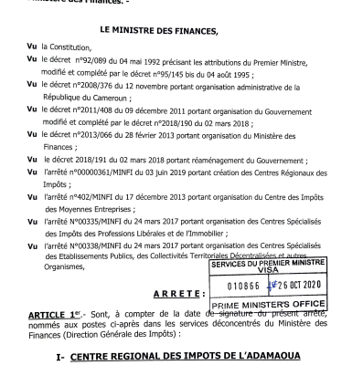 Arrêté N° 00000233/MINFI du 26 oct 2020