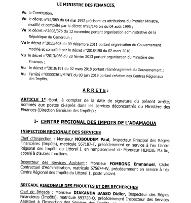 Arrêté N° 00000234/MINFI du 26 octobre 2020