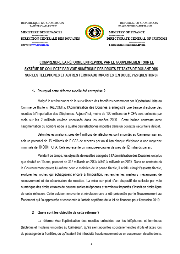 NOTULE SUR LE NOUVEAU DISPOSITIF DE COLLECTE DES DROITS ET TAXES DE DOUANE A L’IMPORTATION DES TÉLÉPHONES ET TERMINAUX