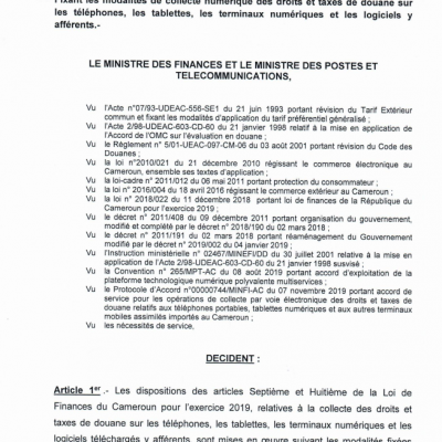 Décision conjointe N° 00000247/MINFI-DGD/MINPOSTEL-IGT du 13 mars 2020