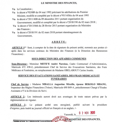 Arrêté N° 00000238 portant nomination des responsables au MINFI du 02 nov 2020