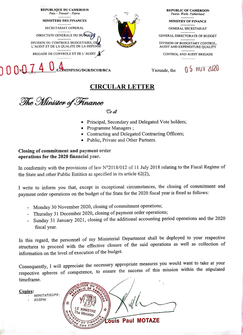 Circular letter n° 00007404/LC/MINFI/SG/DGB/DCOB/BCA of Nov 05th 2020 Circular letter n° 00007404/LC/MINFI/SG/DGB/DCOB/BCA of Nov 05th 2020