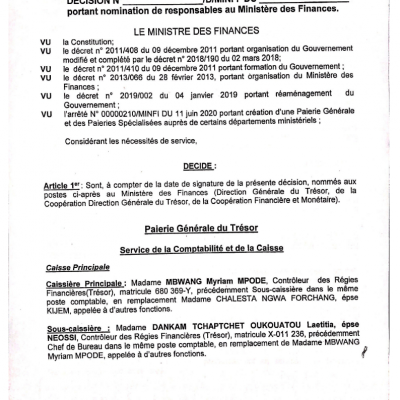 DECISION N° 00000241/D/MINFI DU 12 NOV 2020