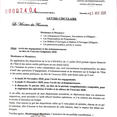 Lettre Circulaire n° 00007404/LC/MINFI/SG/DGB/DCOB/BCA du 05 nov 2020