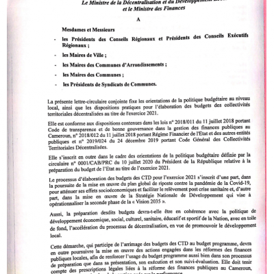 LETTRE-CIRCULAIRE CONJOINTE N° 00007497/LC/MINDDEVEL/MINFI du 11 NOV 2020