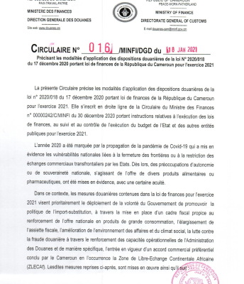 Circulaire N°016 MINFI/DGD du 18 Janvier 2021