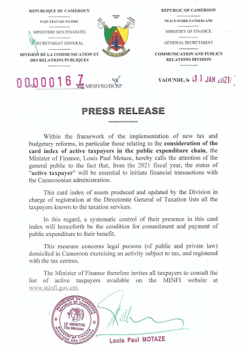 Press release relating to of the card index of active taxpayers in the public expenditure chain Press release relating to of the card index of active taxpayers in the public expenditure chain