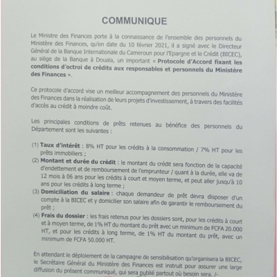 Communiqué relatif au Protocole d'Accord fixant les conditions d'octroi de crédits aux responsables et personnels du Ministère des Finances
