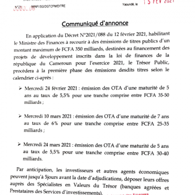 Communiqué d'annonce relatif au titres publics