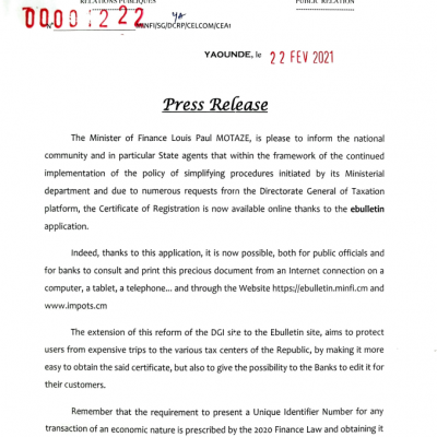 Press release regarding the availability of the registration certificate on ebulletin