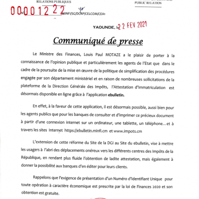 Communiqué de presse N° 00001222/MINFI/SG/DCRP/CELCOM/CEA1