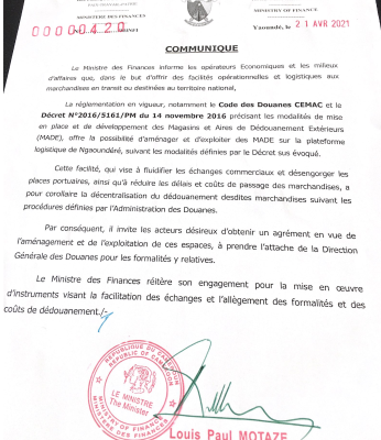 COMMUNIQUE N° 00000420 du 21 Avril 2021, relatif à la possibilité d'aménager et d'exploiter des MADE