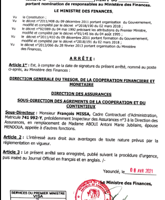 ARRETE N° 00000008/MINFI DU 12 AVRIL 2021 portant nomination de responsables au Ministère des Finances