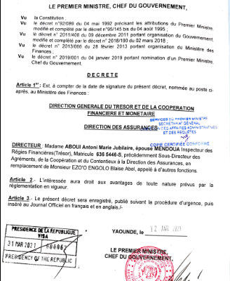 Nomination d'un responsable au Trésor le 12 avril 2021