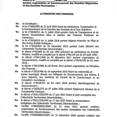Arrêté portant organisation et fonctionnement des Recettes Régionales et des Recettes Municipales