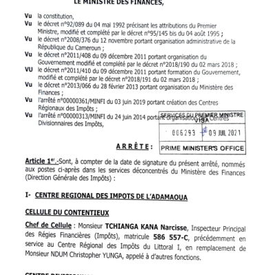 ARRETE N°00000017/MINFI DU 09 JUIL 2021 portant nomination de responsables au Ministère des Finances.