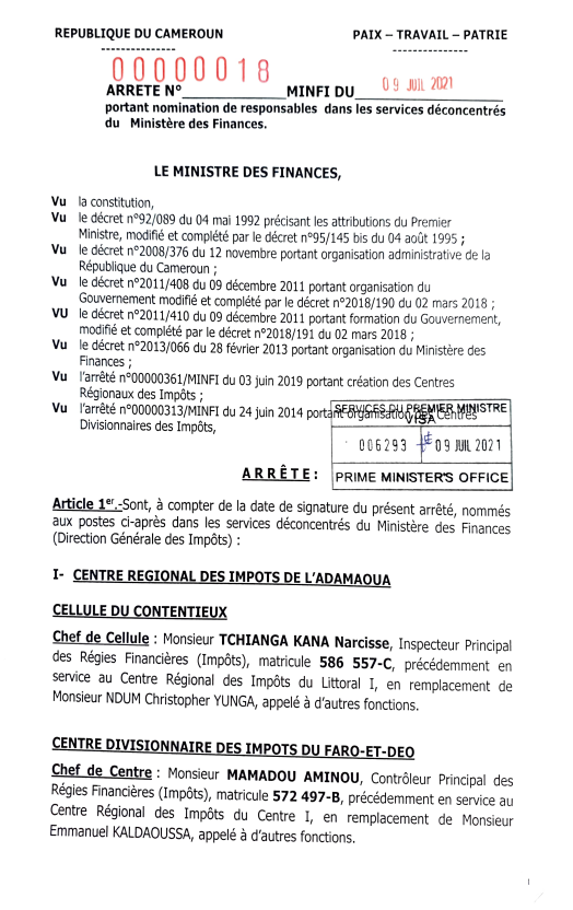 ARRETE N°00000017/MINFI DU 09 JUIL 2021 portant nomination de responsables au Ministère des Finances