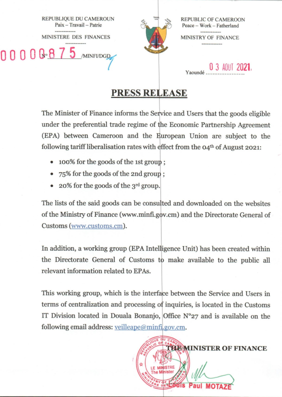 communique_radio_presse_marchandises_ape_en Press release on the goods eligible under the preferential trade regime of the Economic Partnership Agreement (EPA)