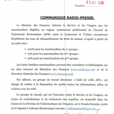 Communiqué de presse relatif aux marchandises éligibles au régimes commercial préférentiel de l'Accord de Partenariat Economique (APE)