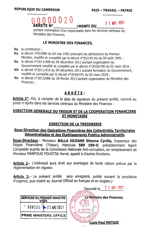 Arrêté de nomination dans les services centraux du Ministère des Finances d'un responsable (DGTCFM) le 25 août 2021