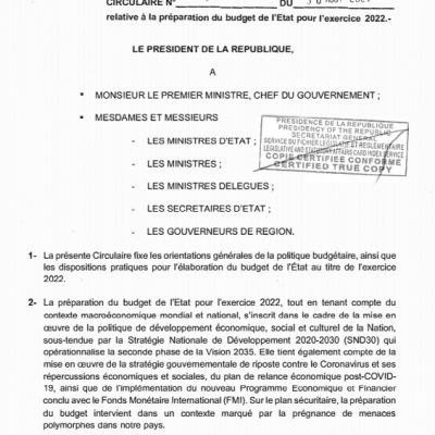 CIRCULAIRE N° 001 DU 30 AOUT 2021 relative à la préparation du budget de l'Etat pour l'exercice 2022