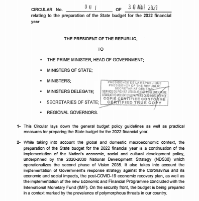 CIRCULAR No. 001 OF 30 AOUT 2021 relating to the preparation of the State budget for the 2022 financial year
