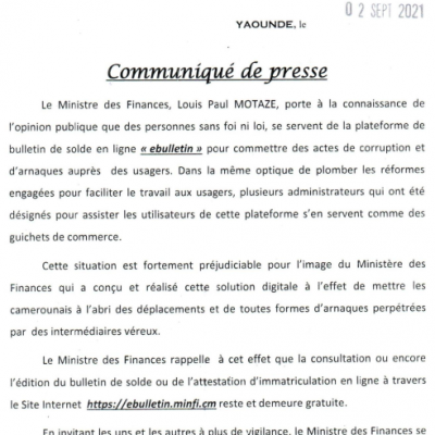 Communiqué de presse relatif à la plateforme de bulletin de solde en ligne