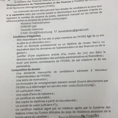 COMMUNIQUE RELATIF A L'OUVERTURE DE POSTE DE DIRECTEUR DE L'ADMINISTRATION ET DES FINANCES A L'IFORD