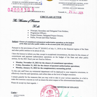 Circular Letter No. 00008309 LC/MINFI/SG/DGB/DCOB/BCA
