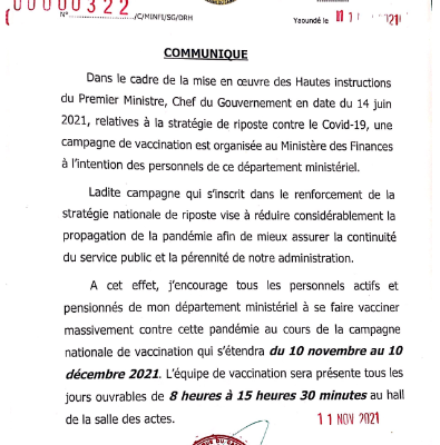 Communiqué relatif à la campagne de vaccination du personnel du MINFI contre le Covid-19
