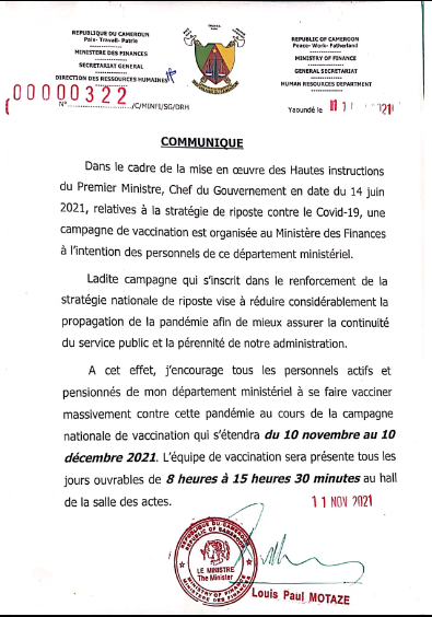 Communiqué relatif à la campagne de vaccination du personnel du MINFI contre le Covid-19